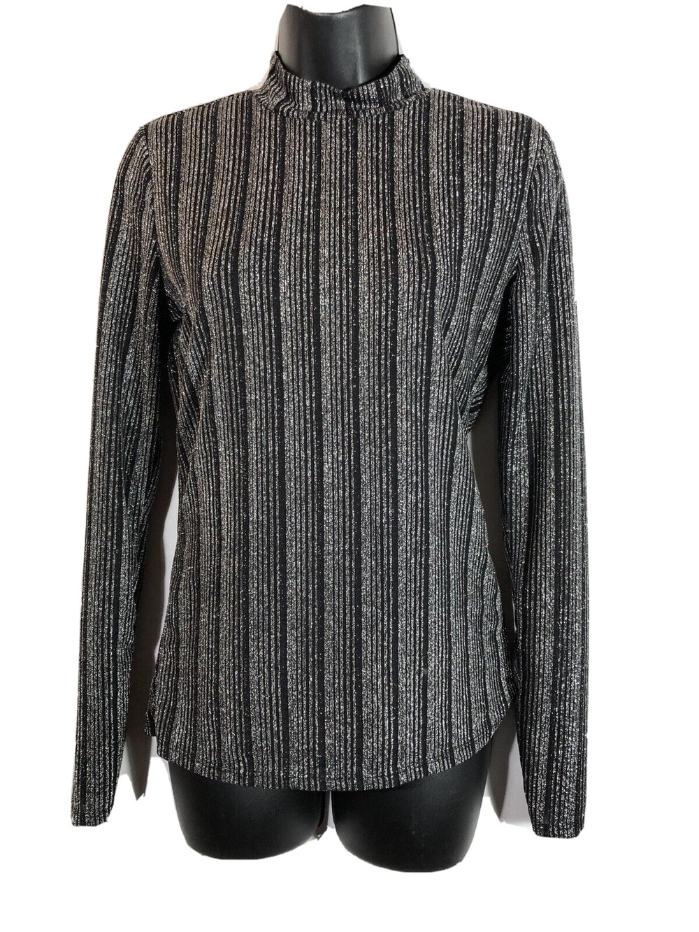 Guess Silver Striped Mockneck Top Small Disco Metallic Shimmer Long sleeve Black